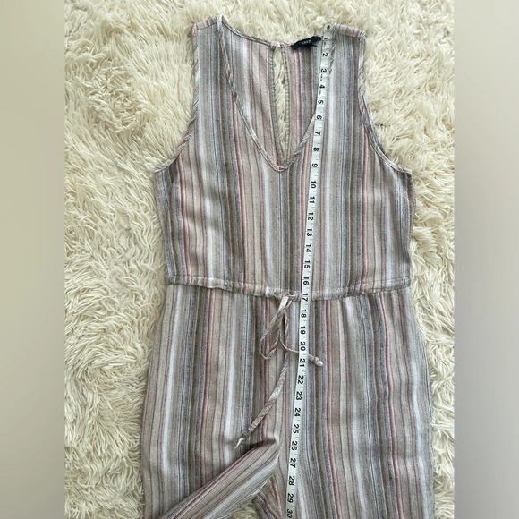 DREW Striped Linen Blend Jumpsuit Brown Tan Sleeveless Drawstring pockets SZ S - Picture 3 of 9